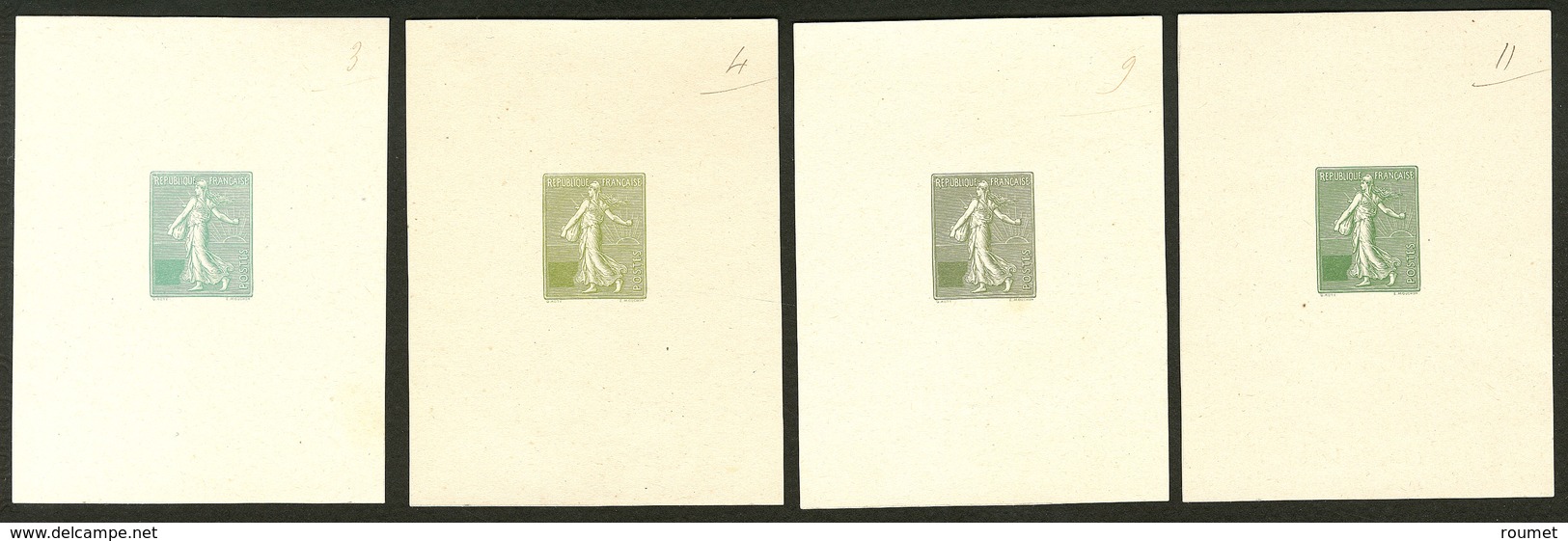 (*) Semeuse Lignée No 130, 4 épreuves Sans La Valeur Dans Le Cartouche De Différentes Couleurs Vertes, Marquées 3, 4, 9  - Artist Proofs