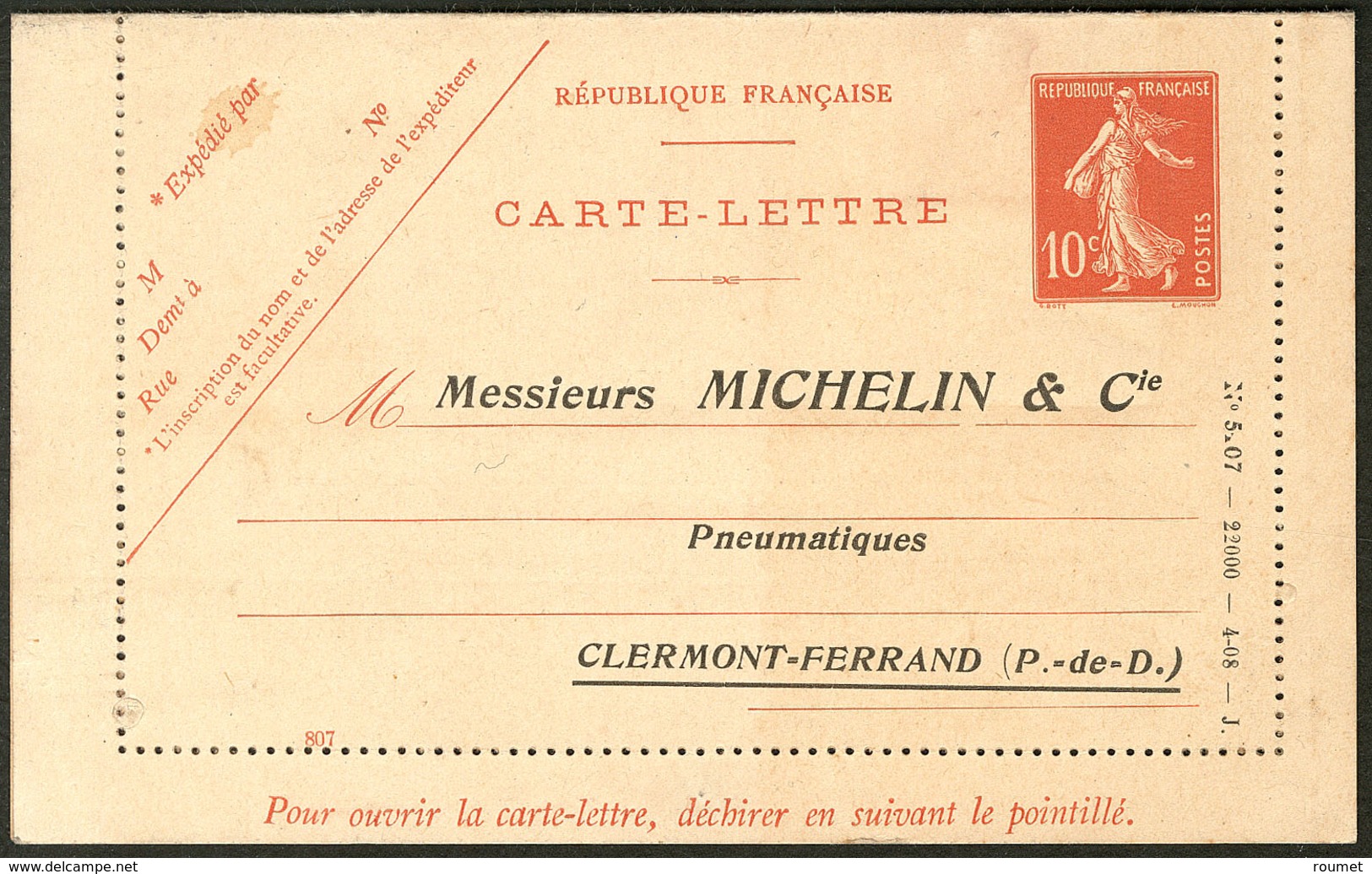 Lettre ENTIERS POSTAUX. Semeuse. Storch N°E9a1, Repiquage "Michelin & Cie", Neuve. - TB - Other & Unclassified
