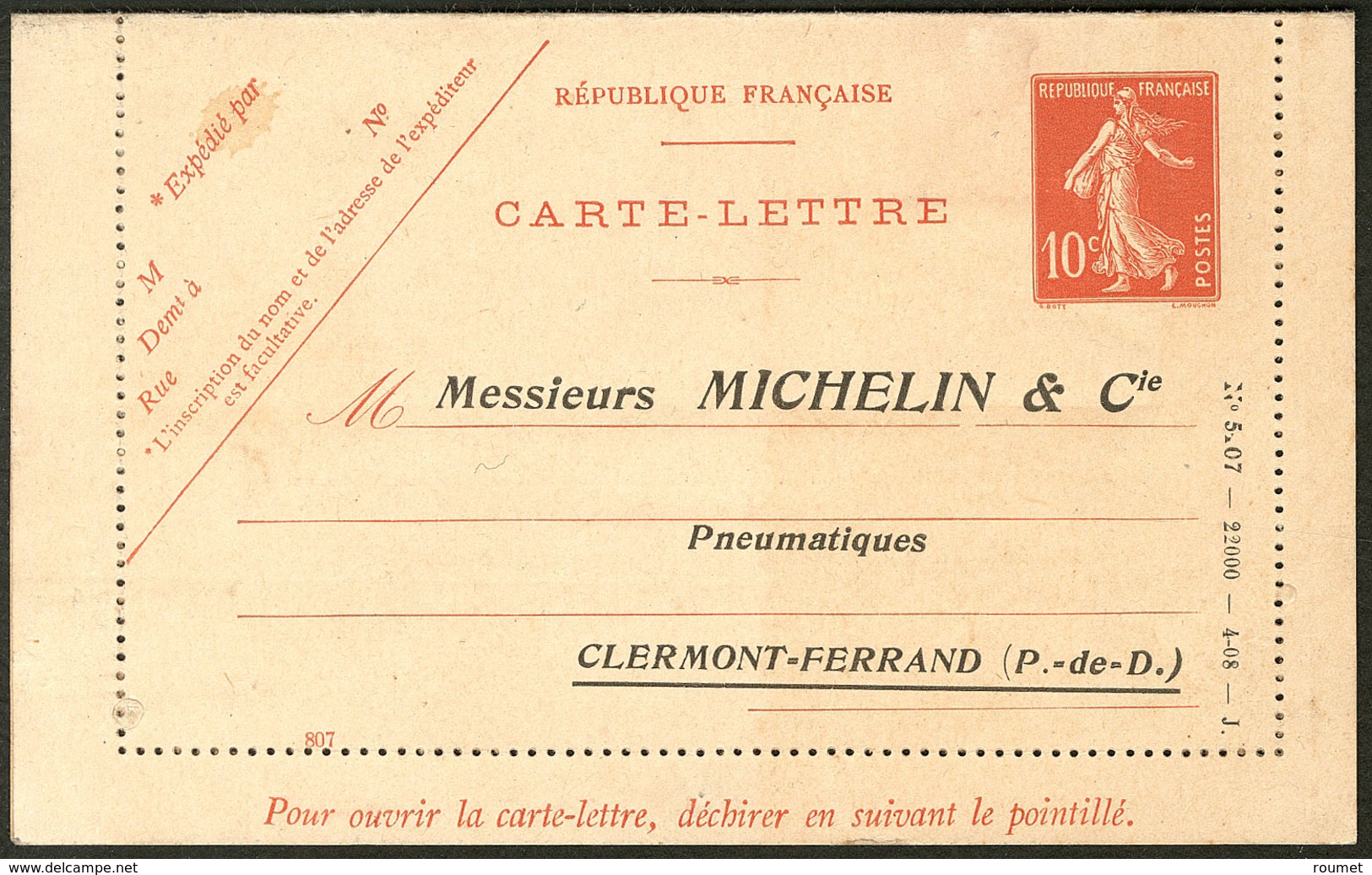 Lettre ENTIERS POSTAUX. Semeuse. Storch N°E9a1, Repiquage "Michelin & Cie", Neuve. - TB - Andere & Zonder Classificatie