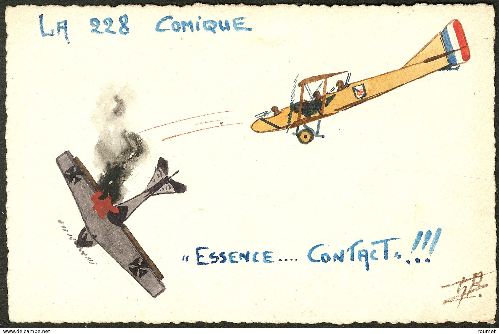 Lettre Illustrations à La Main. Combat Aérien, CP Neuve Aquarelle Et Plume, Signée. - TB - Non Classés