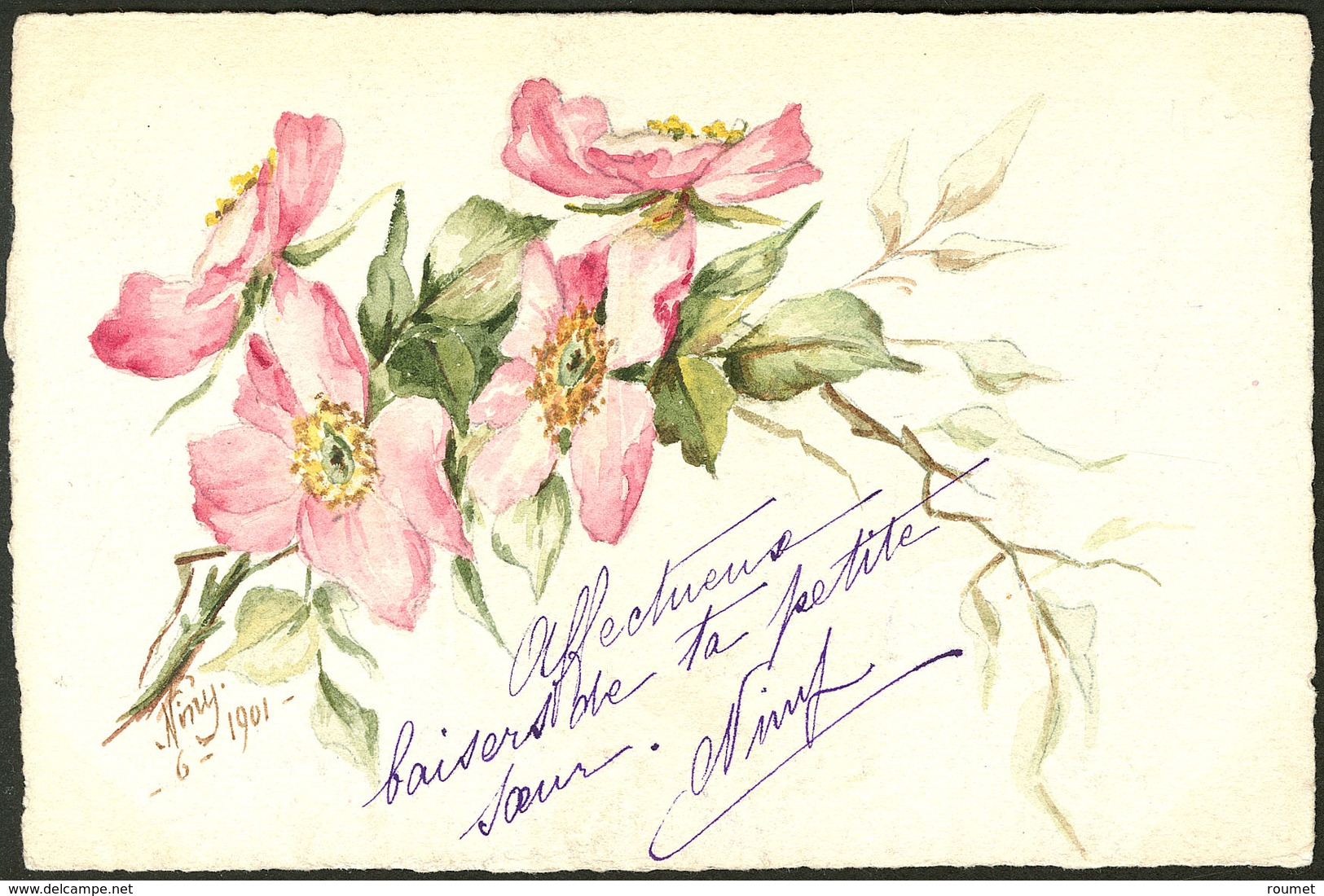 Lettre Illustrations à La Main. Fleurs, CP Aquarelle Et Plume, Signée "Niny/6/1901", Voyagé Afft 111. - TB - Zonder Classificatie