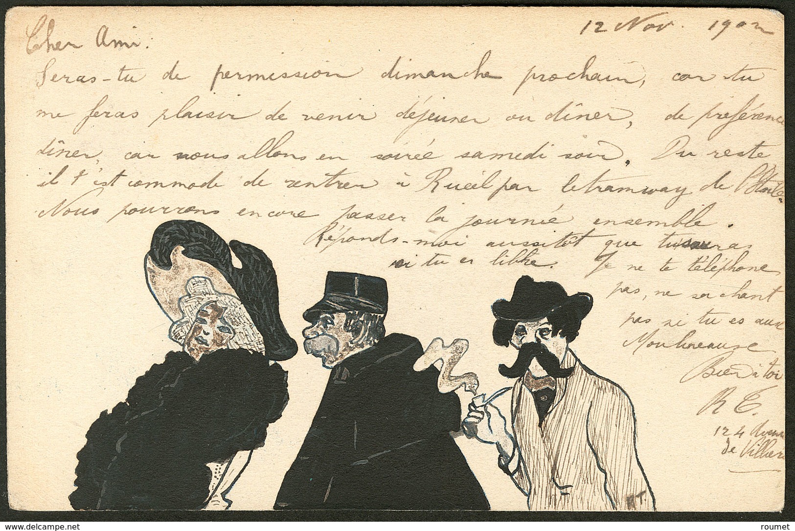 Lettre Illustrations à La Main. Trio De Personnages, CP Encre Et Plume, Afft 112 Obl Nov 1902. - TB - Non Classés