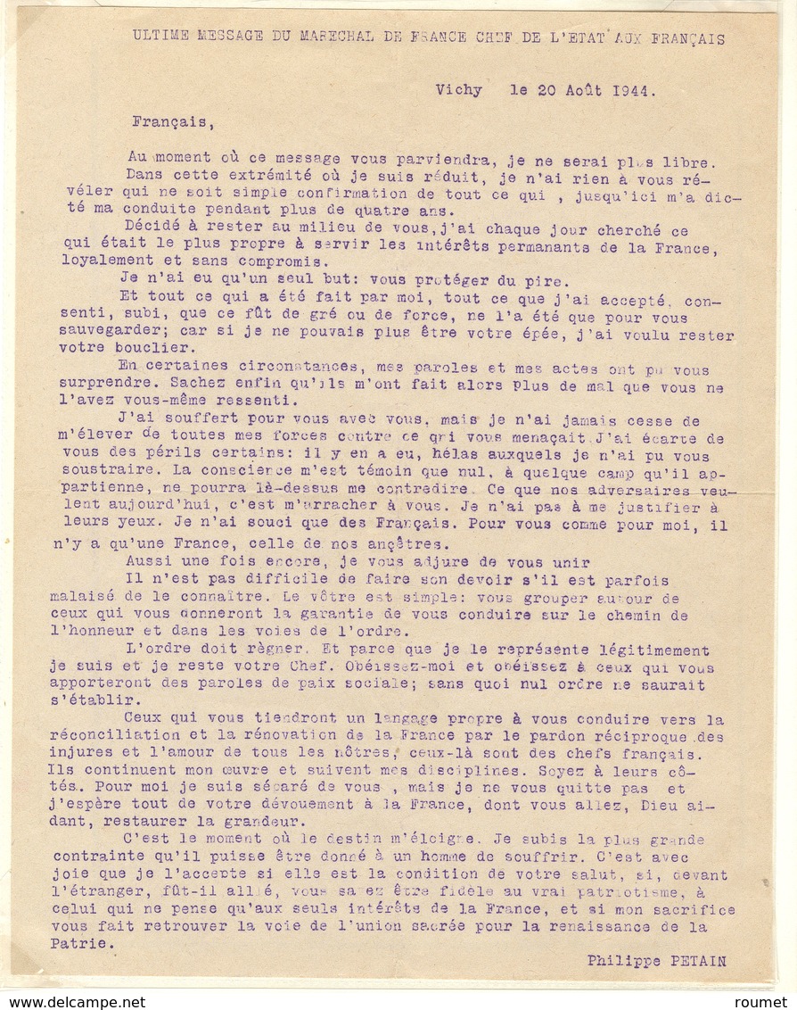 Lettre Retranscription Dactylographiée, D'époque De L'ultime Message Du Mal Pétain Vichy, 20.8.44. - TB - Unclassified