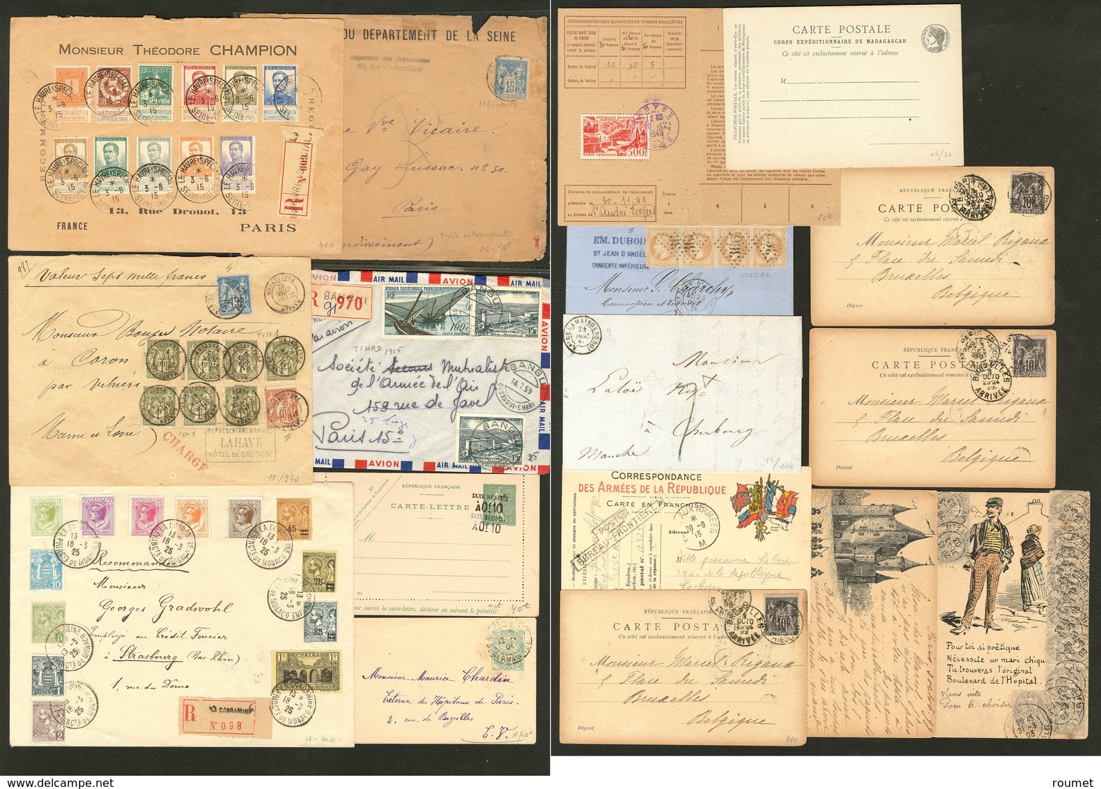 Lettre 1870-1925, 8 Enveloppes Et 9 CP Ou CL, Affts, Obl Et Destinations Diverses, Tous états - Collections