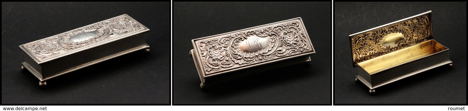 Boîte Rectangulaire En Argent, Fin Décor Et Monogramme Sur Couvercle, Intérieur Vermeil, Poinçons, 1 Comp., 100x38x23mm. - Boites A Timbres