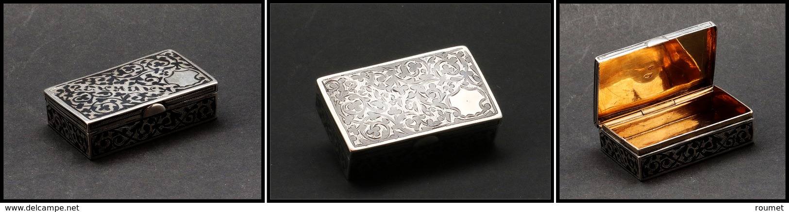 Boîte En Argent à Fin Décor Sur L'ensemble, Marquée "Kackabc" Sur Couvercle, Intérieur Vermeil, Poinçons, 52x32x18mm. -  - Boites A Timbres