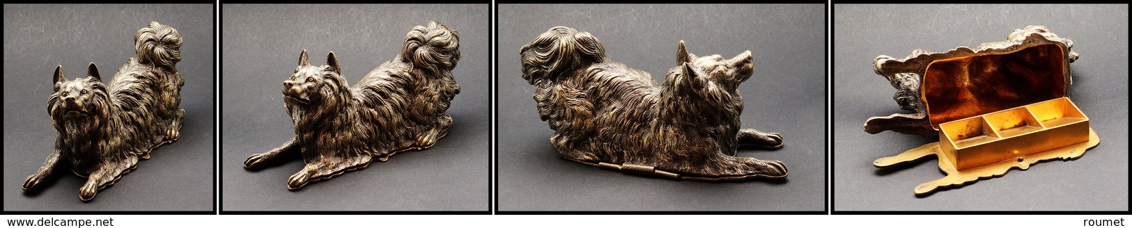 Boîte En Bronze En Forme De "Chien Couché", Intérieur Doré, 3 Comp., 130x45x70mm. - TB. - R (1e Pièce Signalée) - Postzegeldozen