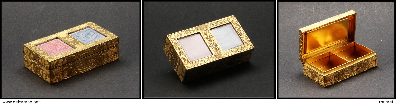 Boîte Anglaise En Bronze Doré à L'or, Couvercle à Fenêtre, 2 Comp., 65x38x20mm. - TB (cf Spink 2009 #287) - Stamp Boxes