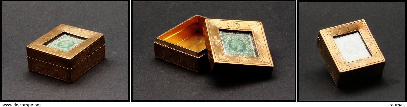 Boîte Anglaise En Bronze Doré, Couvercle Amovible à Fenêtre, 1 Comp., 40x38x18mm. - TB (Spink 2009 N°257) - Stamp Boxes