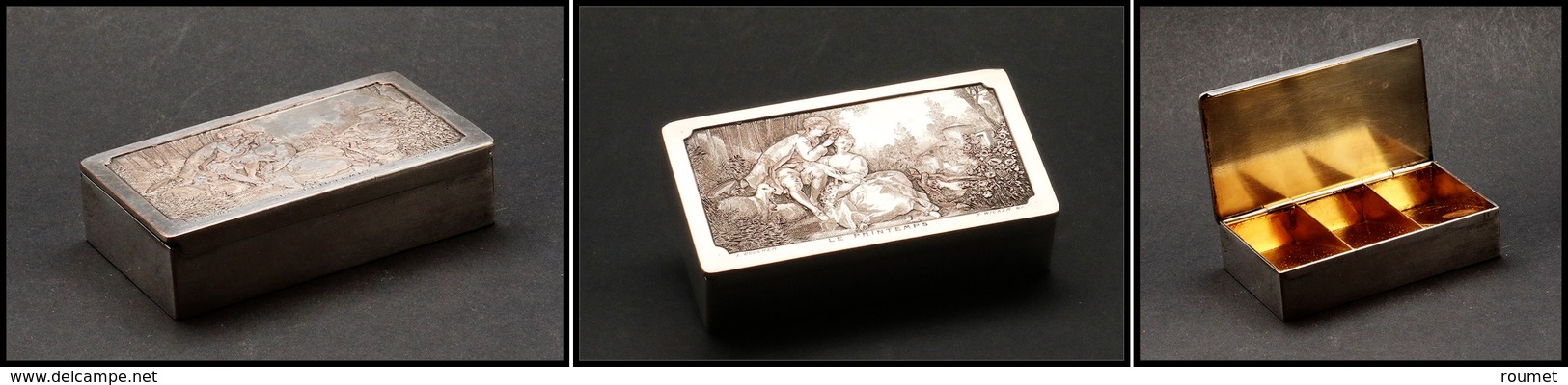 Boîte En Métal Argenté, Décor "Le Printemps" Par F. Boucher, 3 Comp., 72x42x18mm. - TB - Stamp Boxes