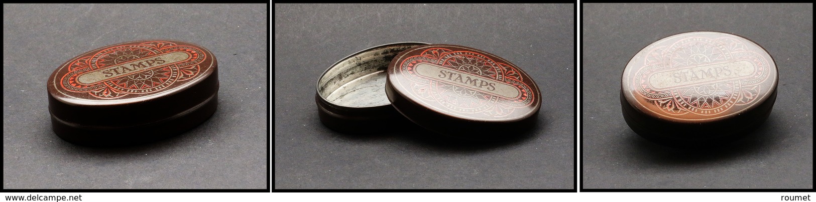 Boîte Ovale En Tôle, Marquée "Stamps", 1 Comp., 62x45x17mm. - TB - Stamp Boxes