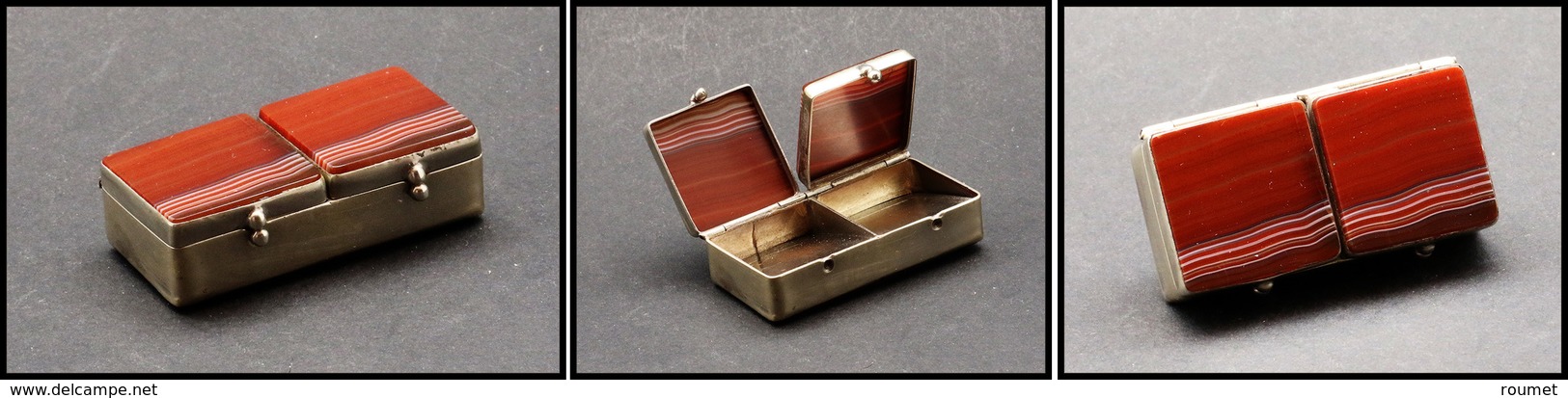 Boîte En Agate, Cerclage En Métal Argenté, 2 Couvercles Individuels, 2 Comp., 55x25x15mm. - TB - Stamp Boxes