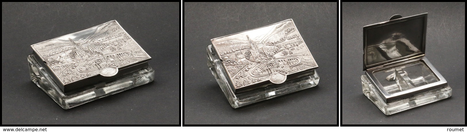 Boîte En Cristal, Couvercle En étain Représentant ND De Lourdes, 2 Comp., 75x55x30mm. - TB - Stamp Boxes