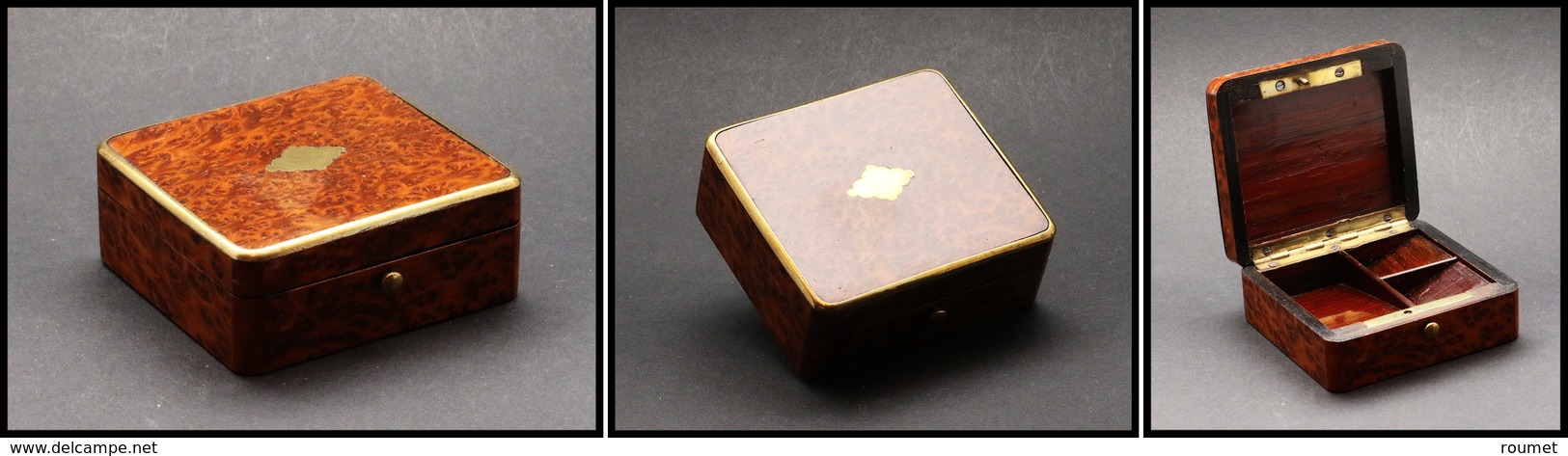 Boîte En Loupe De Thuya, Cerclage Et Bouton En Laiton, 3 Comp. Acajou, 85x75x3mm. - TB - Stamp Boxes