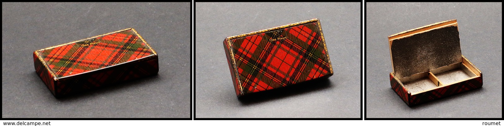 Boîte Mauchline Rectangulaire, Marquée "Clan Stuart", 2 Comp., 55x32x10mm. - TB - Stamp Boxes