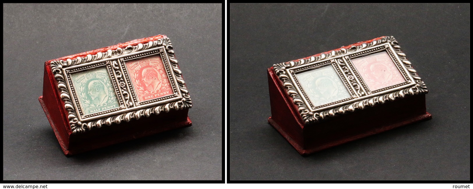 Boîte Anglaise En Cuir Rouge, Couvercle à Fenêtre En Argent, 1 Comp., 67x40x30mm, Petite Réparation Au Niveau De La Char - Boites A Timbres