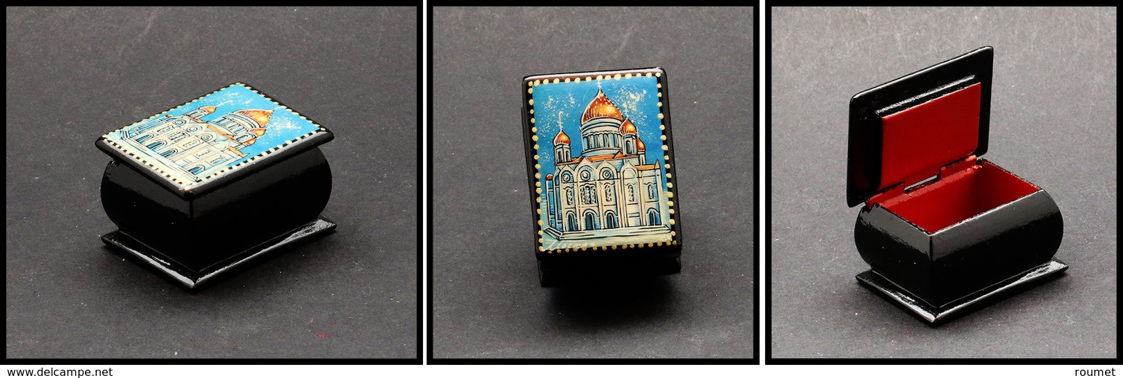 Boîte Moderne Russe Papier Mâché, église En Décor Sur Couvercle, 1 Comp., 40x30x25mm. - TB - Stamp Boxes