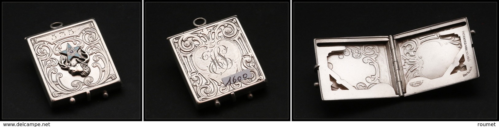 Etui Maçonnique En Argent, Décor "Etoile Et Elan", Monogramme Au Verso, 2 Comp., 35x32x6mm. - TB - Boites A Timbres