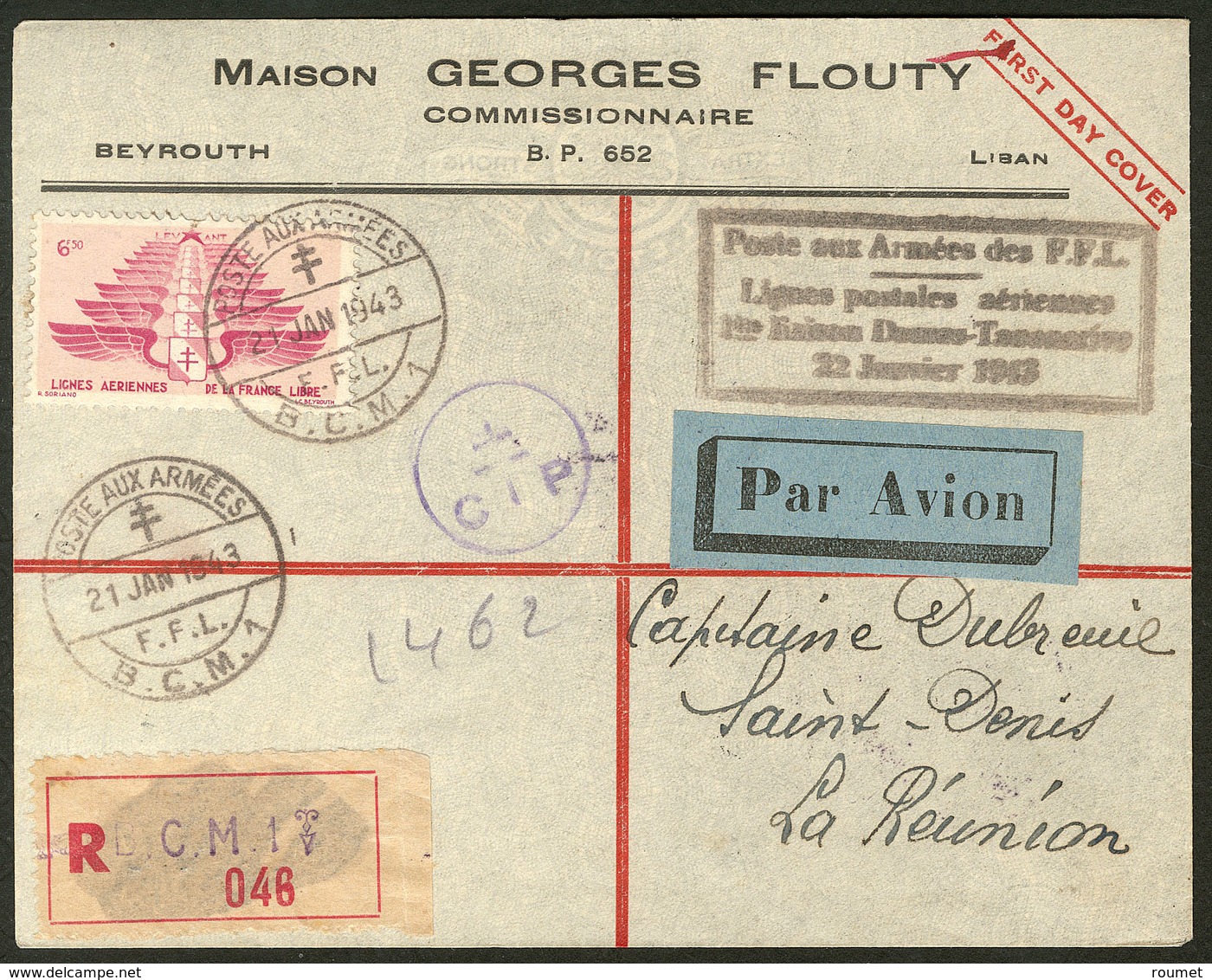 Lettre Poste Aérienne. 1ere Liaison Postale Aérienne Damas-Tananarive 22 Janvier 1943. No 5 Sur Enveloppe Recom-mandée P - Sonstige & Ohne Zuordnung