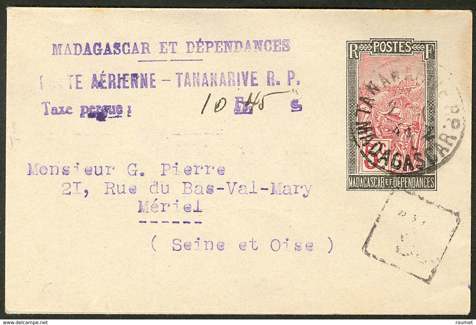 Lettre Enveloppe Entier 5c (N°131), Avec Griffe Violette Complément De Taxe Aérienne Perçue, Pour La France. - TB - Autres & Non Classés