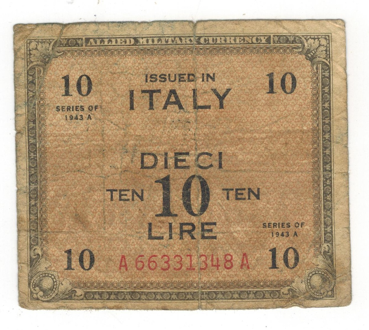 Italy, Allied Military Currency, 10 Lire, 1943 A. VG. - Allied Occupation WWII