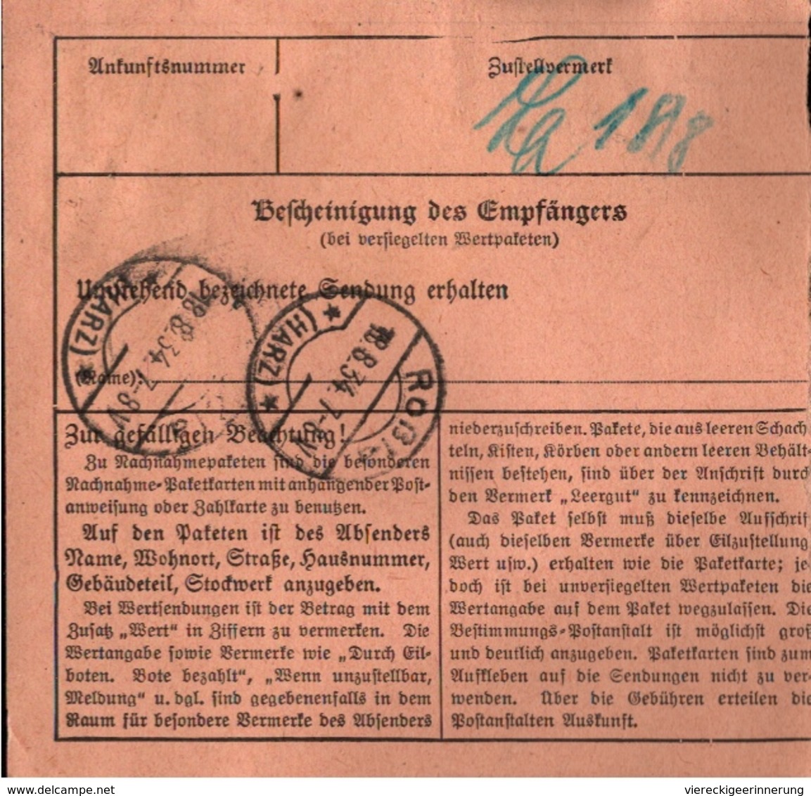! 1934 Paketkarte Deutsches Reich, Nordhausen Nach Roßla, Dienstmarke - Dienstmarken