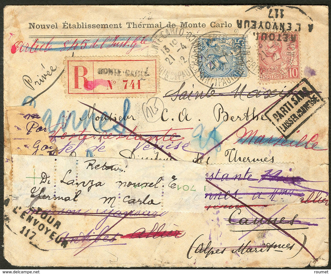 Lettre Nos 23 + 25, Sur Enveloppe Recommandée D'Avril 1912, Avec Réexpéditions Multiples. - TB - Sonstige & Ohne Zuordnung