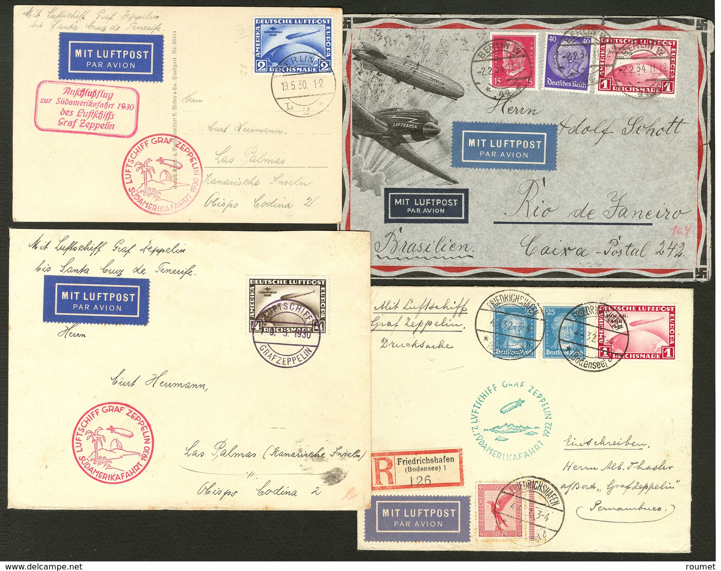 Lettre Poste Aérienne. Nos 38 à 40, 42A, + Divers Poste Sur 3 Enveloppe Et Une CP, Avec CS Zeppelin, Pour L'Amérique Du  - Autres & Non Classés