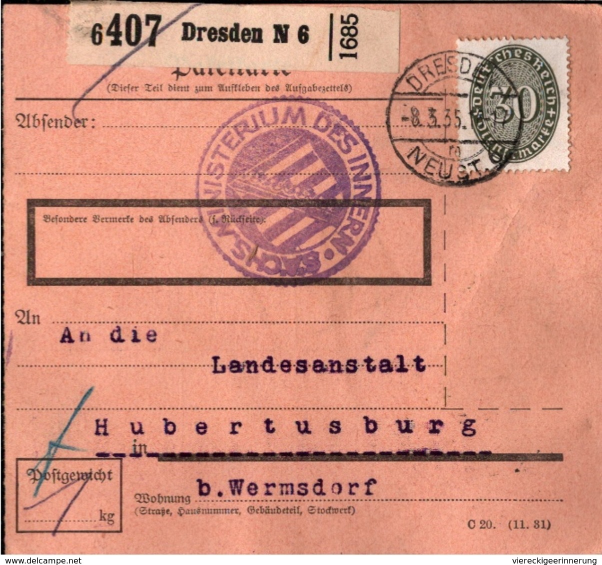 ! 1935 Paketkarte Deutsches Reich, Dresden Nach Hubertusburg, Dienstmarke - Service