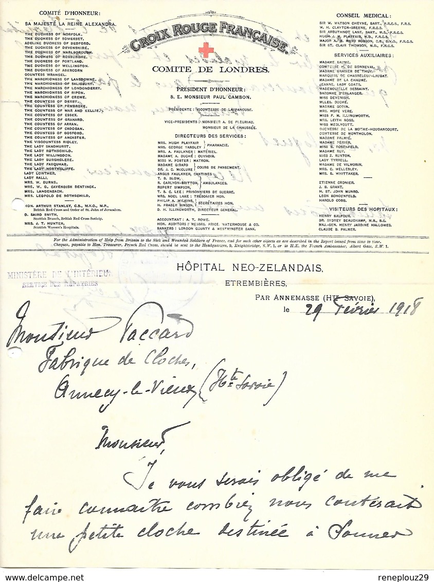 74-cachet Hôpital Néo-Zélandais-Comité Britannique à Etrembières Sur Courrier à En-tête De La Croix-Rouge- Londres-rare - Guerra Del 1914-18