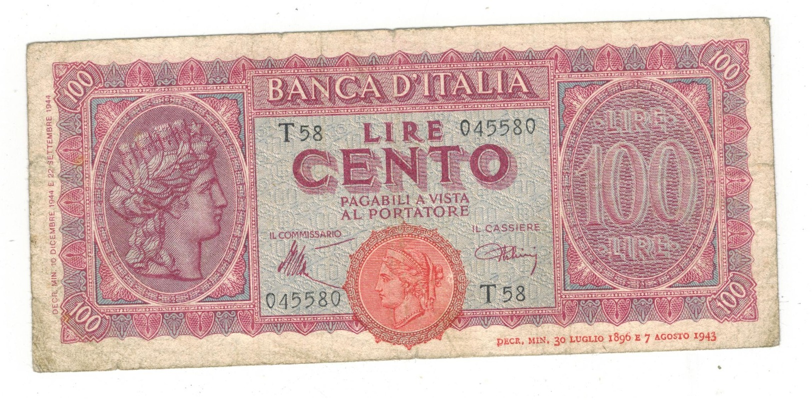 Italy, 100 Lire 1944,  P-75, VG. - 100 Liras