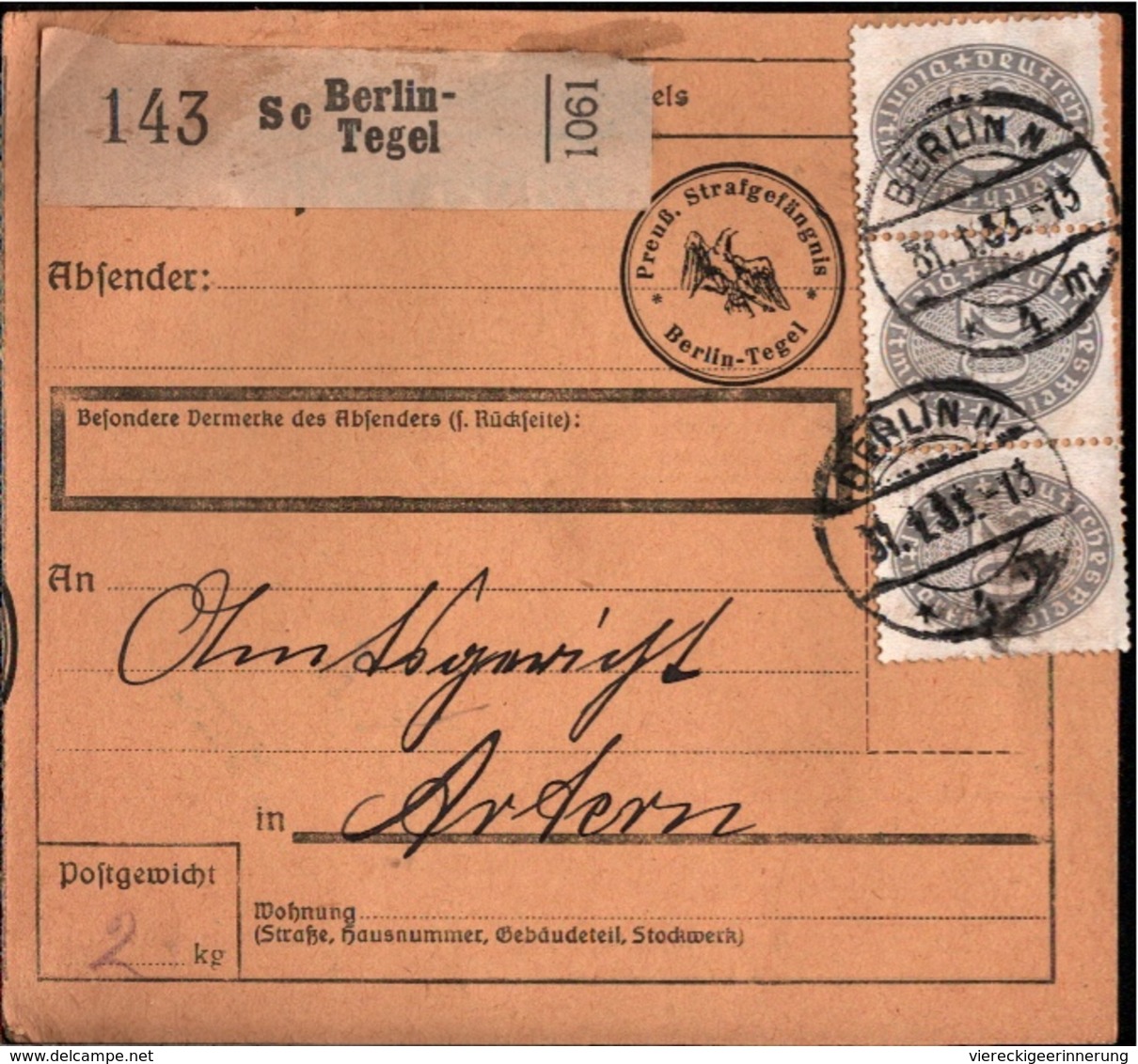 ! 1933 Paketkarte , Deutsches Reich, Berlin Tegel, Gefängnis Nach Artern, Dienstmarke - Dienstmarken