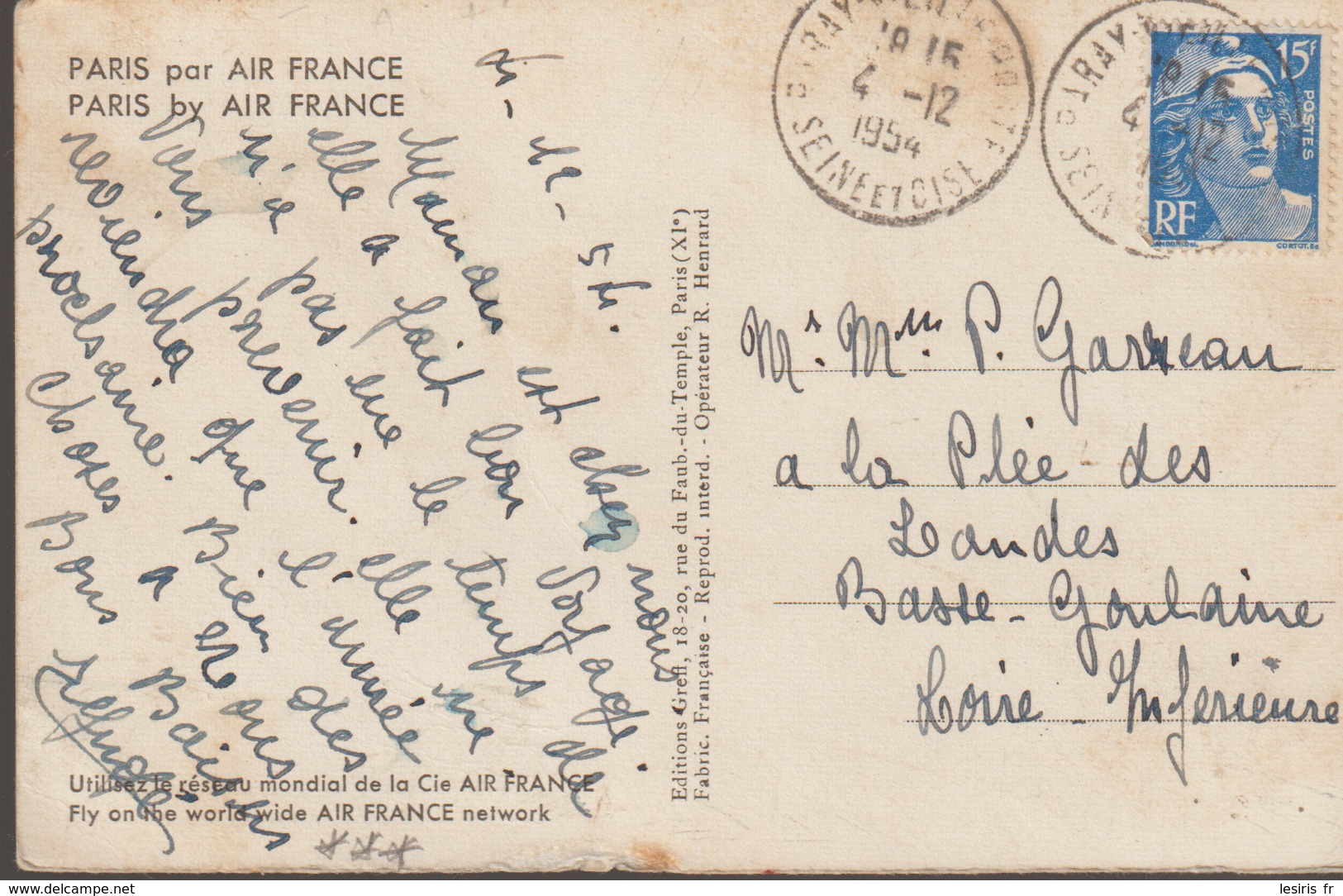 C. P. A - PARIS PAR AIR FRANCE - GREFF - 1954 - Arc De Triomphe