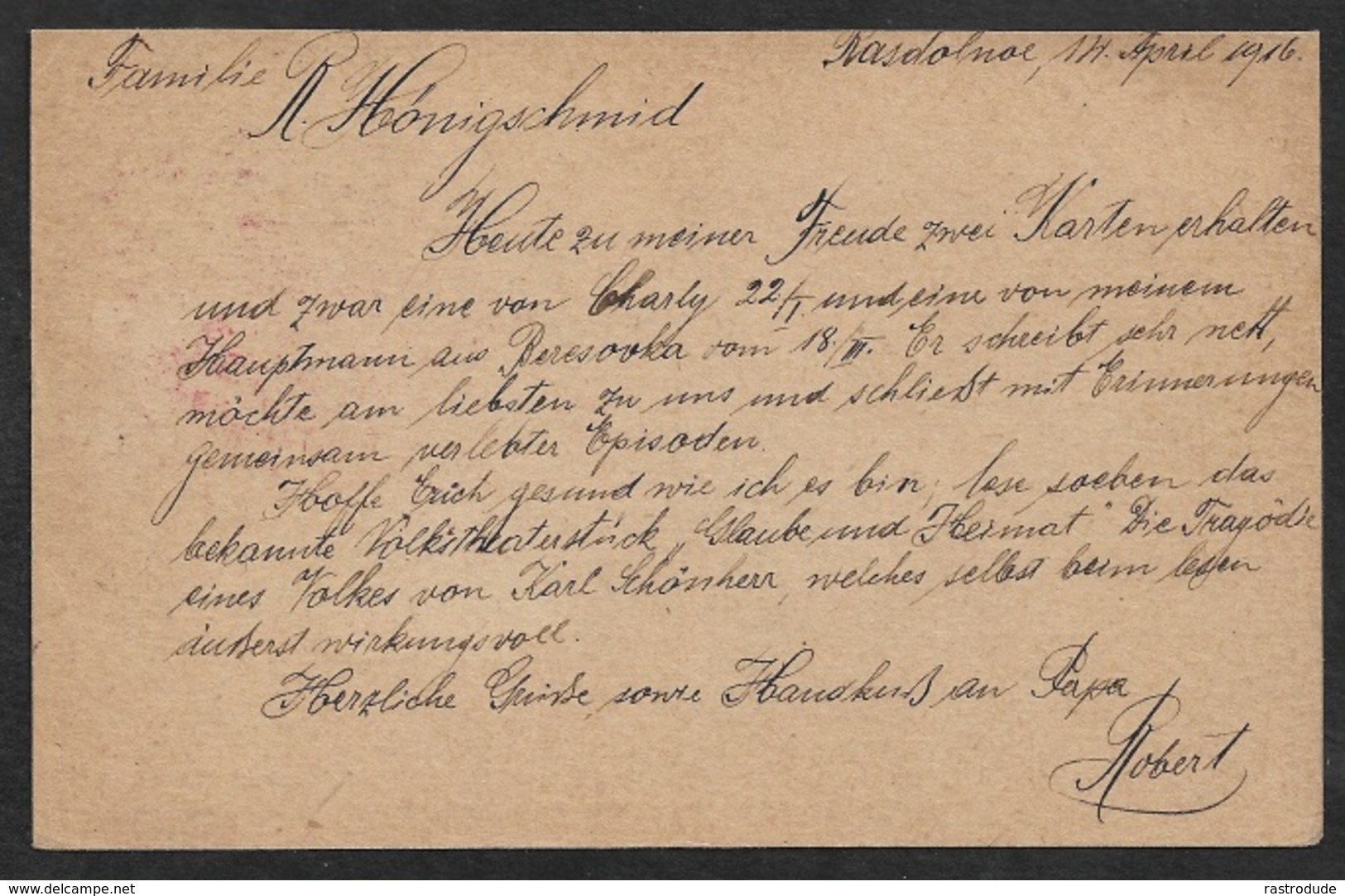 1916 - RED CROSS POW - ANTWORT - REPONSE - ОТВЕТ - RAZDOLNOE To AUSTRIA - Covers & Documents