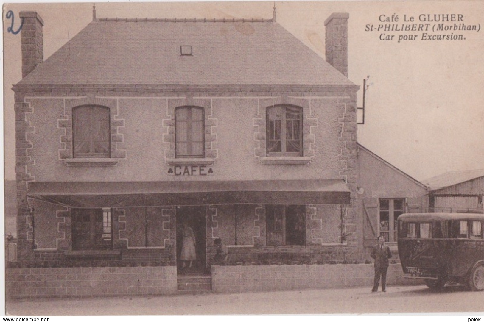 Rare Cpa ST PHILIBERT (Morbihan) - Café Le GLUHER - Car Pour Excursion - Autres & Non Classés