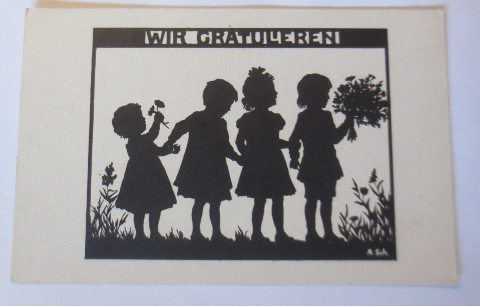 Scherenschnitt, Kinder, Wir Gratulieren, 1920, Anna Schirmer  ♥ (17590)  - Scherenschnitt - Silhouette