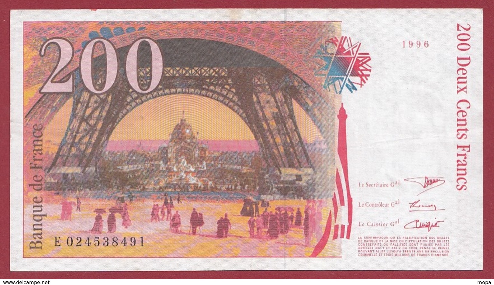 200 Francs "Eiffel"--1996---F/TTB+---ALPH -E- Numéro---024538491 - 200 F 1995-1999 ''Eiffel''