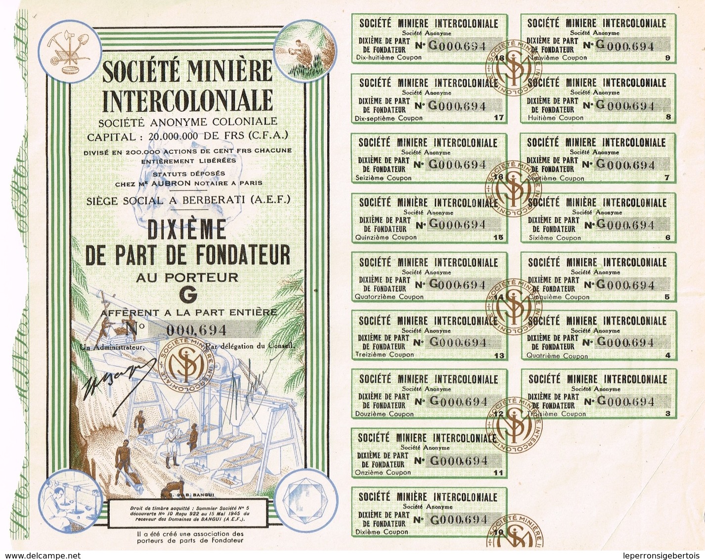 Titre Ancien - Société Minière Intercoloniale - Afrique Equatoriale Française - Titre De 1945 - N° 000.694 - Mines