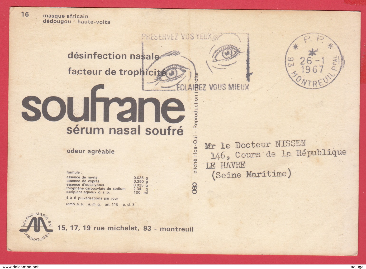 HAUTE-VOLTA - Masque DÉGOUDOU  -Dos Publicité Pharmaceutique SOUFRANE - Sérum Nasal * 2 SCANS *** - Burkina Faso