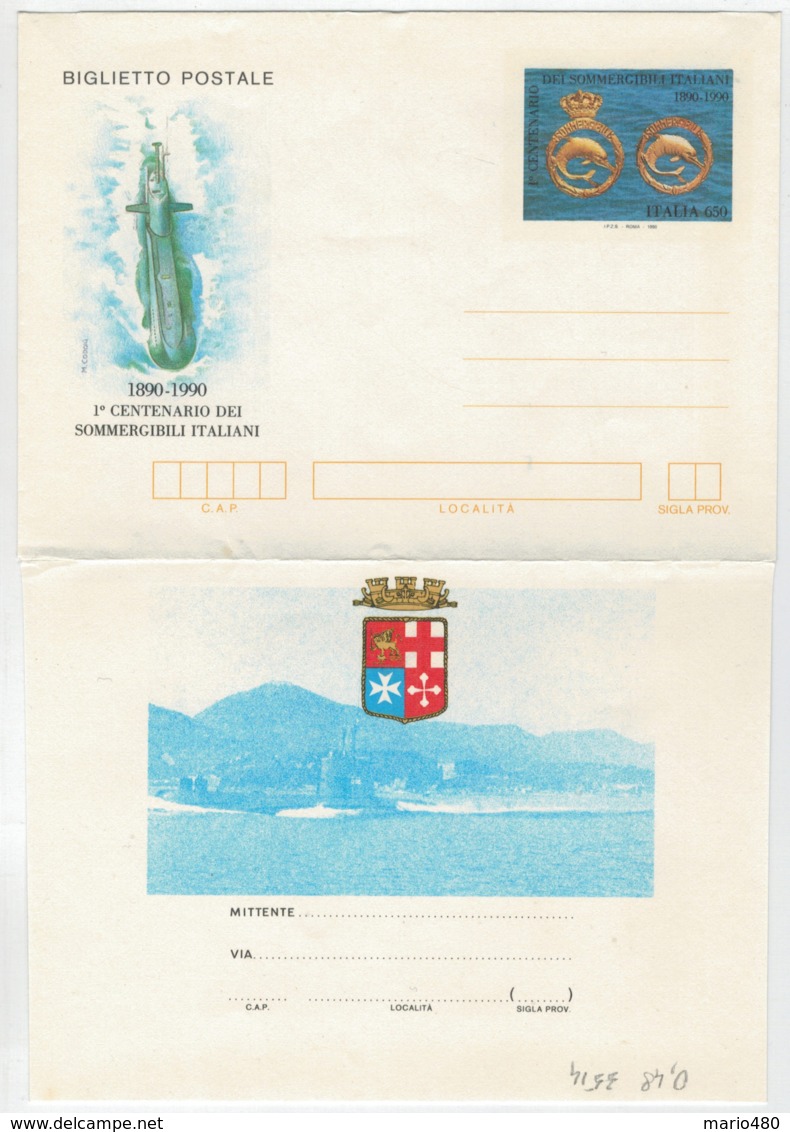 BIGLIETTO  POSTALE    1°  CENTENARIO   DEI   SOMMERGIBILI   ITALIANI           (NUOV0) - Interi Postali