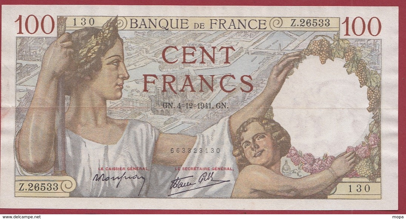 100 Francs "Sully" Du 04/12/1941.GN----F/TTB+---ALPH. Z.26533---AUCUN TROU D EPINGLE - 100 F 1939-1942 ''Sully''