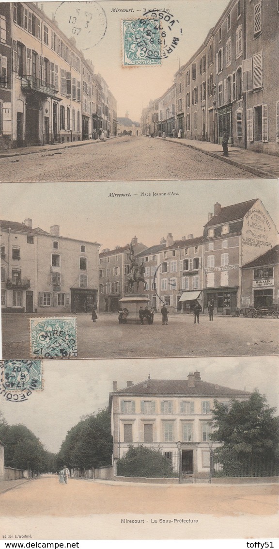 3 CPA COULEUR:MIRECOURT (88) SOUS PRÉFECTURE,MAGASIN POELES EN FAIENCES PLACE JEANNE D'ARC,RUE GERMNIGNY..ÉCRITES - Mirecourt