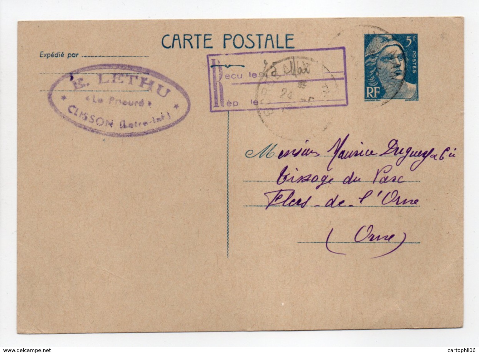 - Carte Postale MAISON LETHU, CLISSON Pour TISSAGES DUGUEY, FLERS 24.5.1948 - 5 F. Bleu Marianne De Gandon - - Cartoline Postali E Su Commissione Privata TSC (ante 1995)