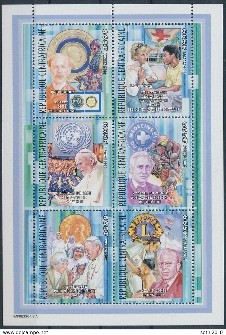 Centrafrique 2002 Red Cross Croix Rouge Lions Club Pope Jean Paul II Sir Alexandre FLEMING  MNH - Prix Nobel