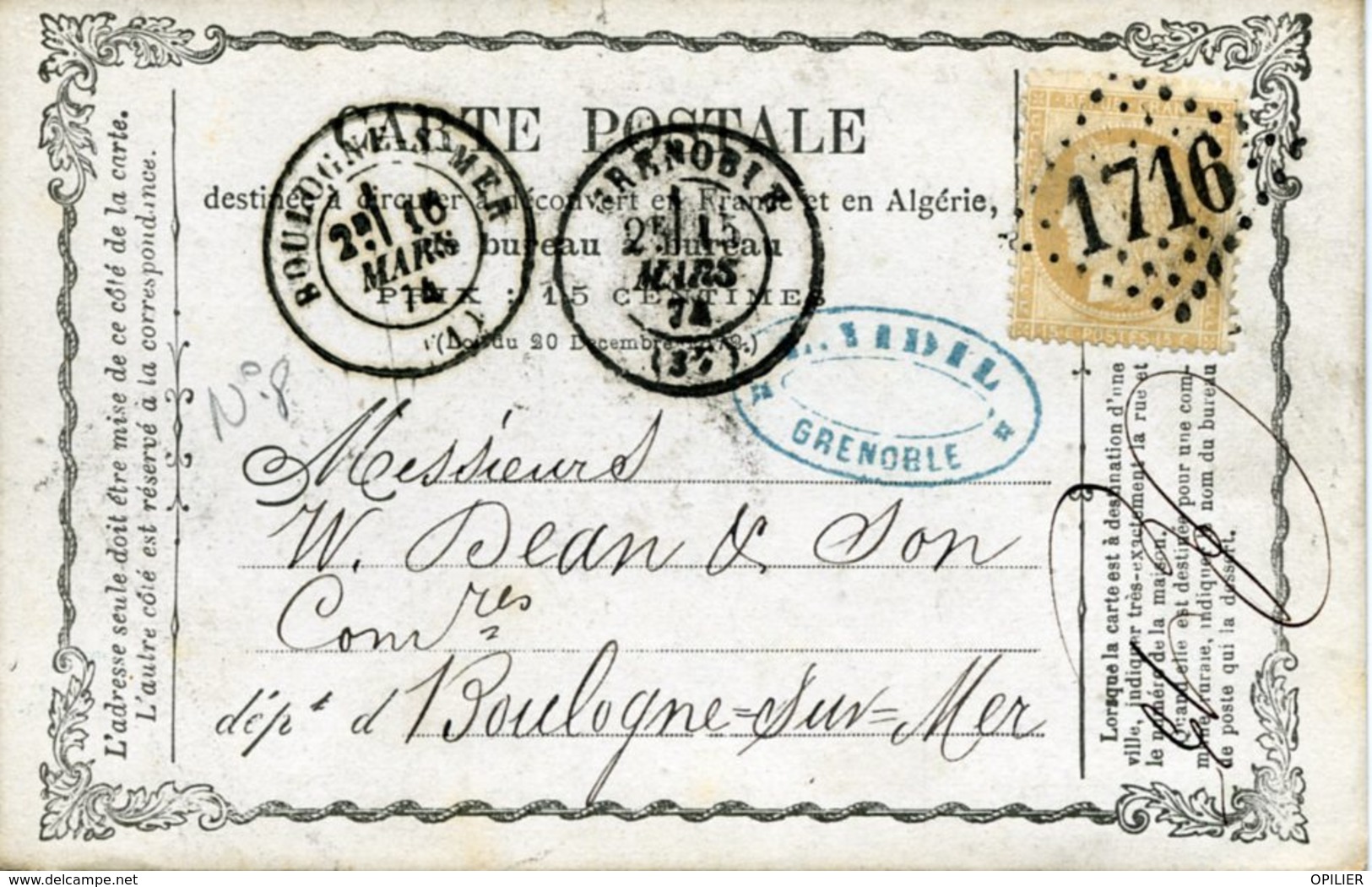 Carte Précurseur N°8  Storch N° OFF8 GRENOBLE 15 Mars 74 Pour Boulogne Timbre 15c Cérès Cote Voyagée 15€ En 2007 - Cartes Précurseurs