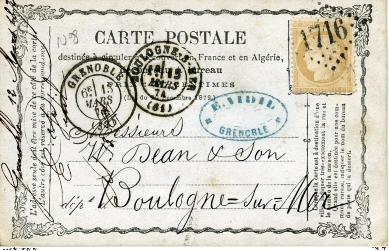 Carte Précurseur N°8  Storch N° OFF8 GRENOBLE 15 MARS 74 Pour Boulogne Timbre 15c Cérès Cote Voyagée 15€ En 2007 - Cartoline Precursori