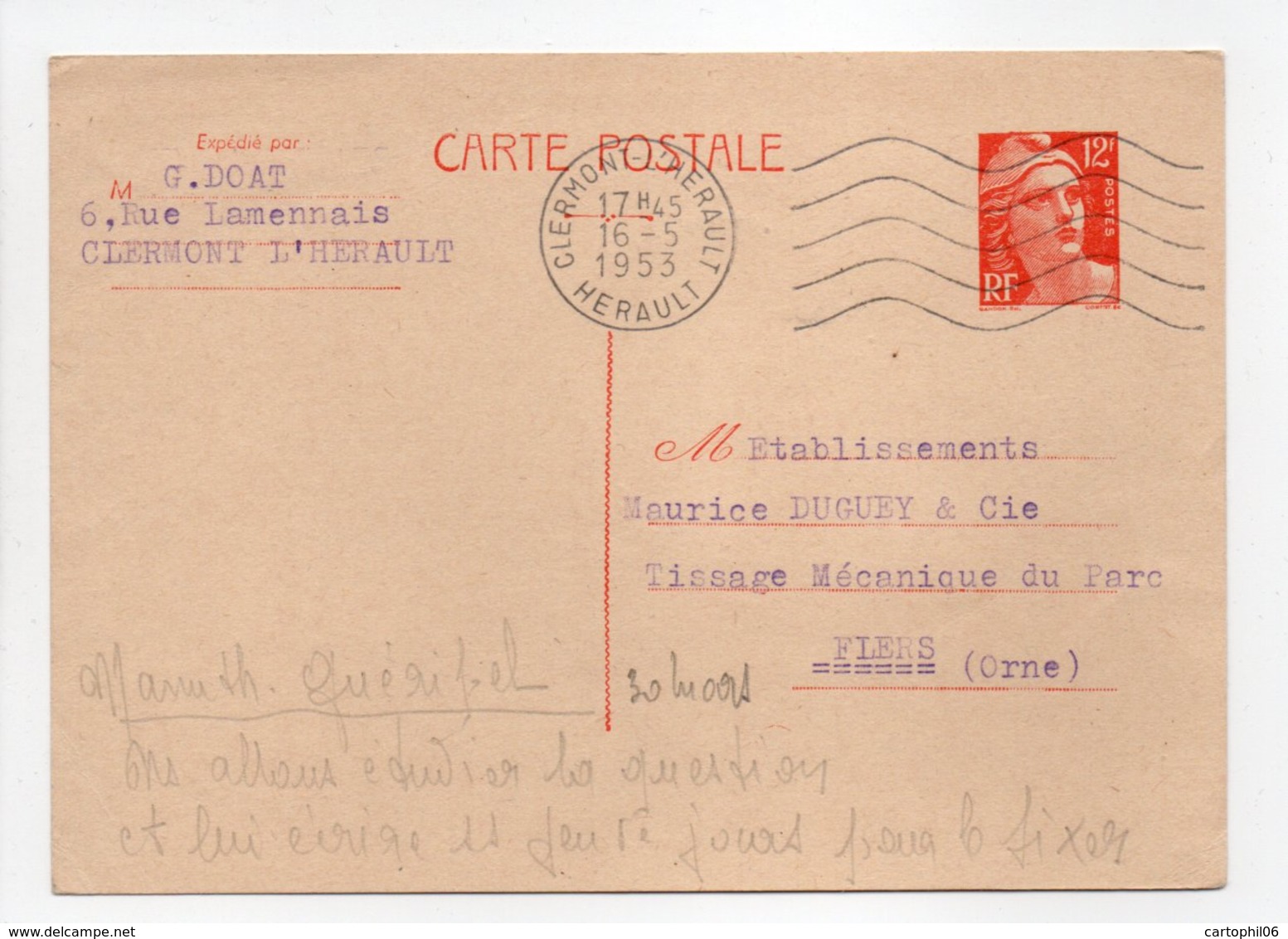 - Carte Postale MAISON DOAT, CLERMONT L'HERAULT Pour TISSAGES DUGUEY, FLERS (Orne) 16.5.1953 - - Cartes Postales Types Et TSC (avant 1995)