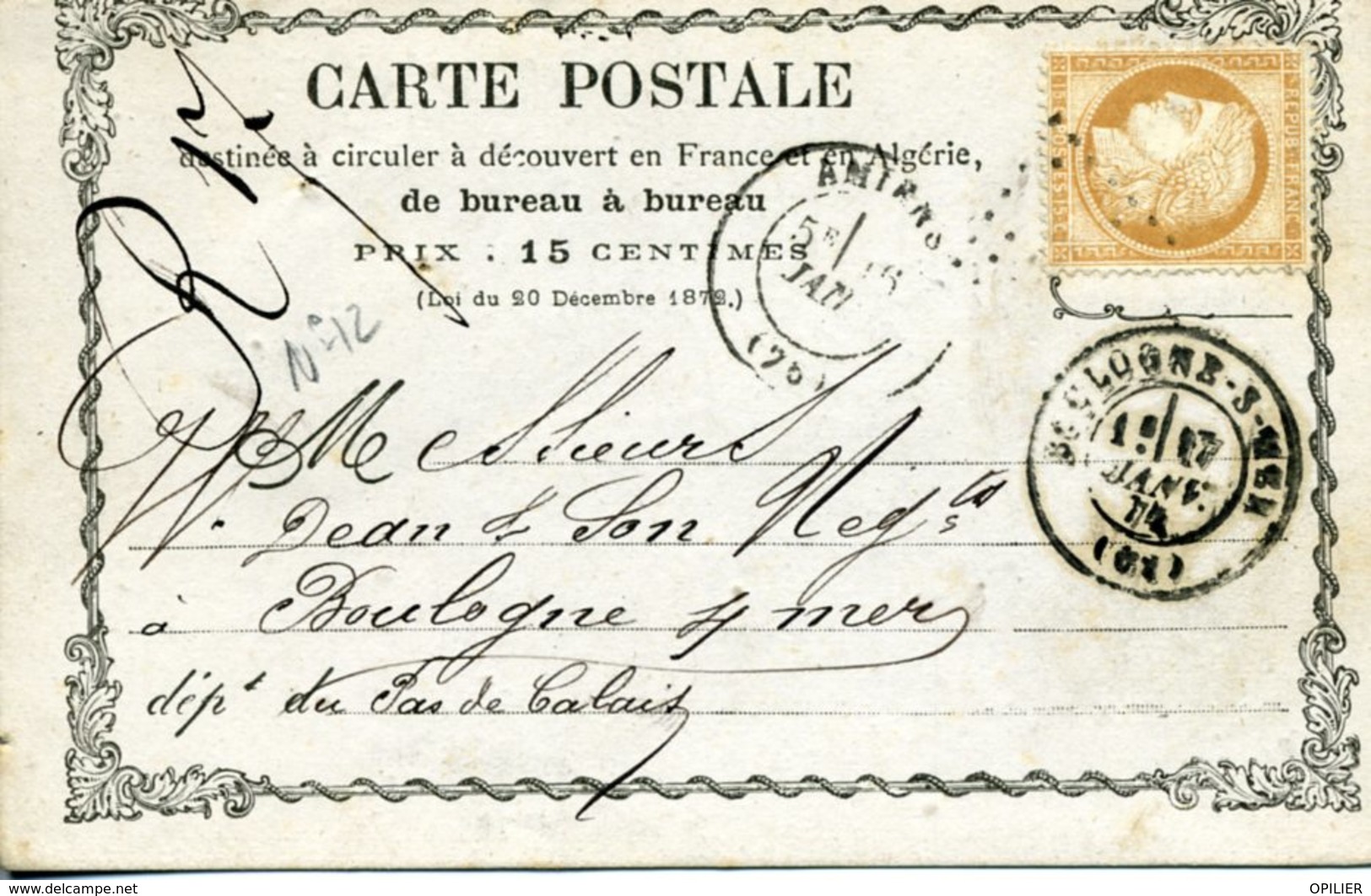 Carte Précurseur N°12  Storch N° OFF12 AMIENS 15 JANV 74 Pour Boulogne Timbre 15c Cérès Cote Voyagée 75€ En 2007 - Vorläufer