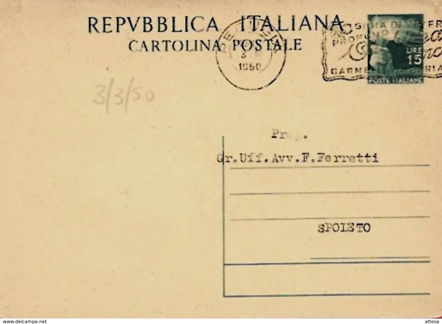 Intero C141 ; Perugia 3-3-1950 Per Spoleto ; Timbro A Targhetta - Interi Postali