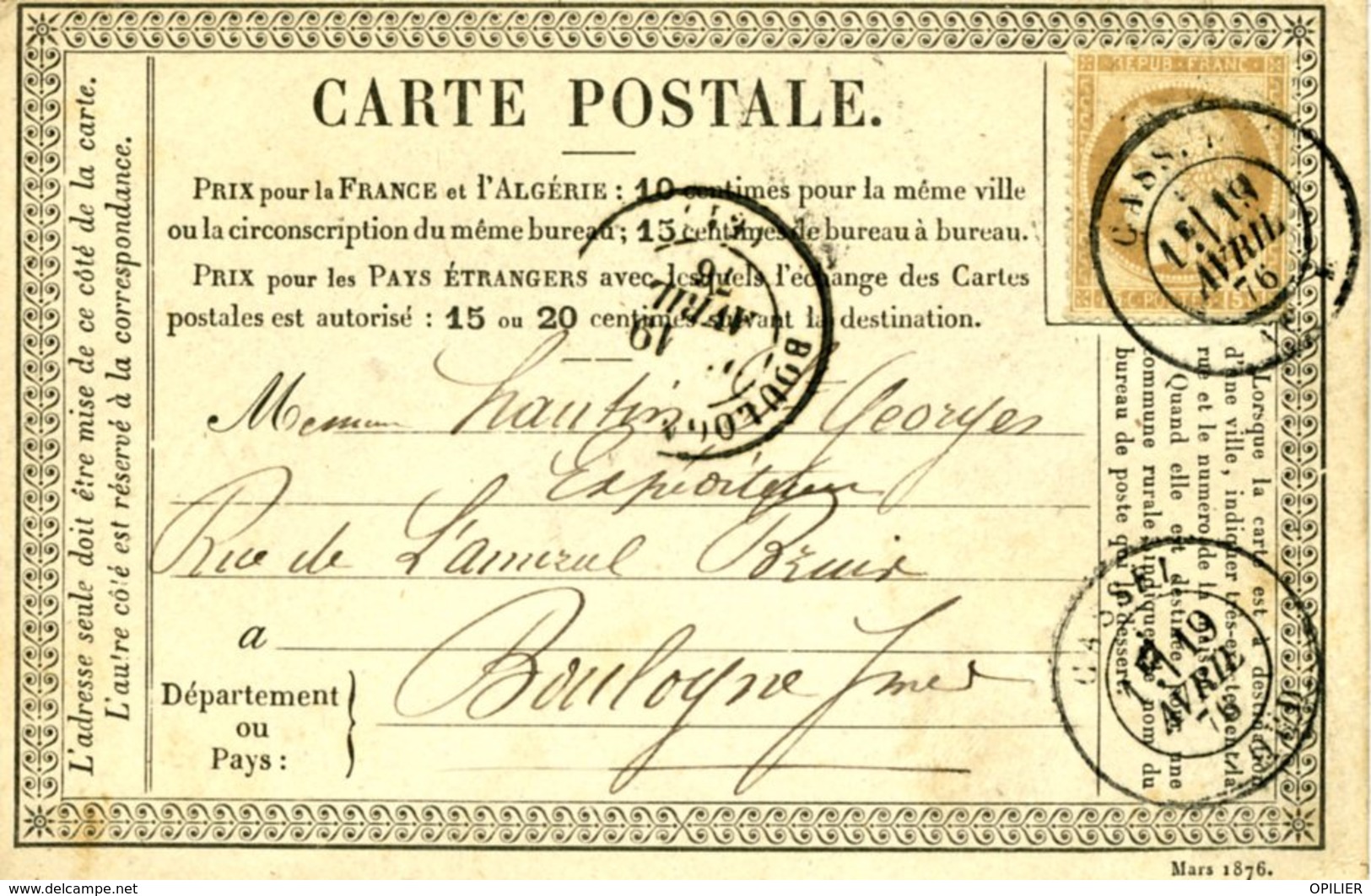 Carte Storch N° OFF22 Cote 6€ En 2007 CASSEL19 AVRIL 76 Pour Boulogne 15c Cérès - Cartes Précurseurs